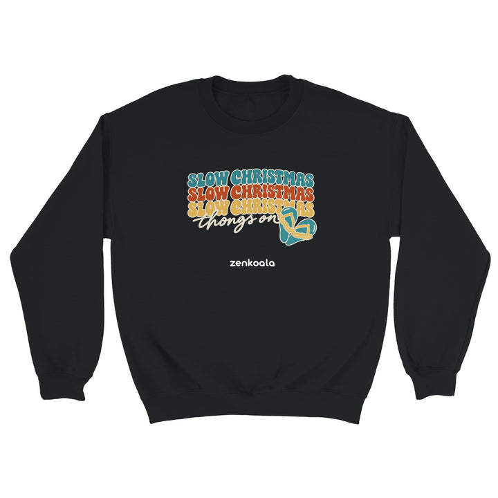 Slow Christmas Thongs On feel-good sweatshirt in black, Zen Koala Australia
