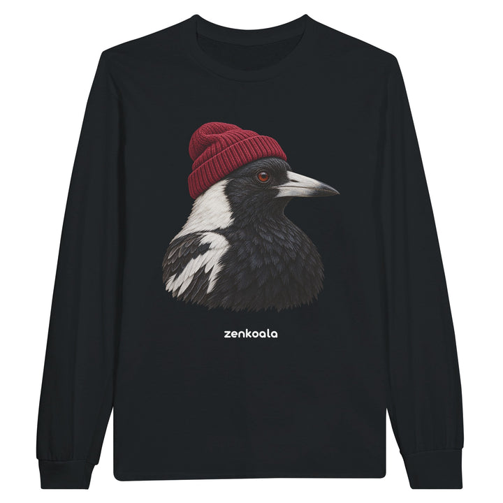 Magpie Beanie feel-good long sleeve tee in black, Zen Koala Australia