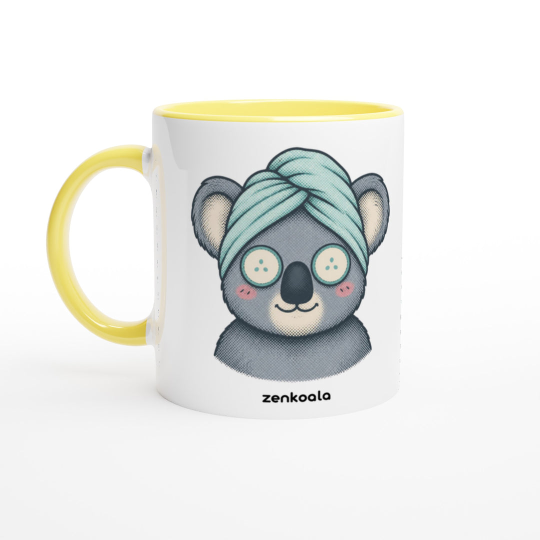 Koala Spa Day mug in yellow: white with a yellow rim, inside and handle, Zen Koala Australia