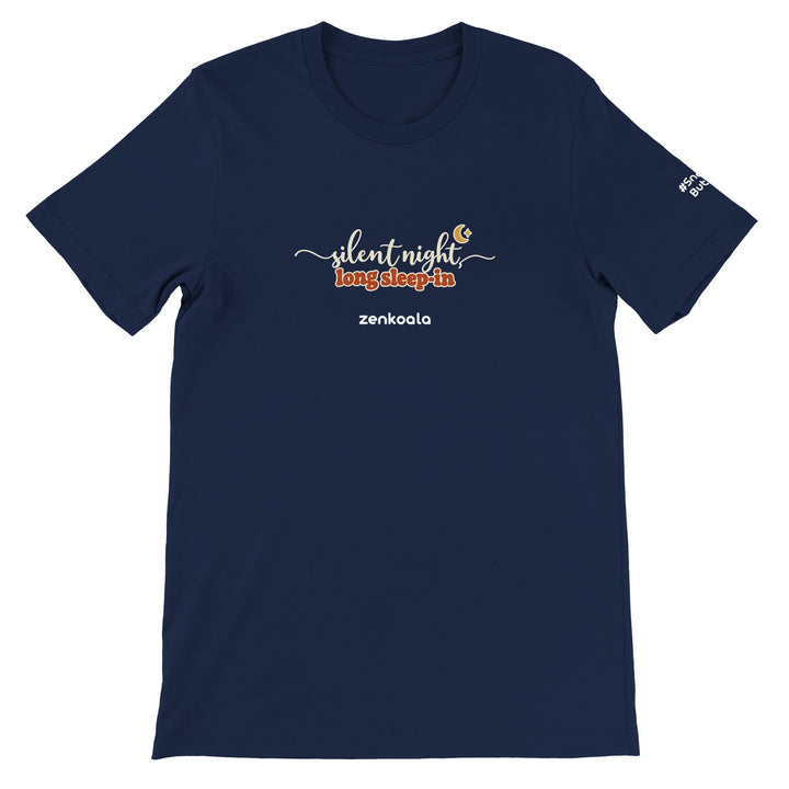 Silent Night Long Sleep-In feel-good tee in navy: flowing script under a little moon, Zen Koala Australia