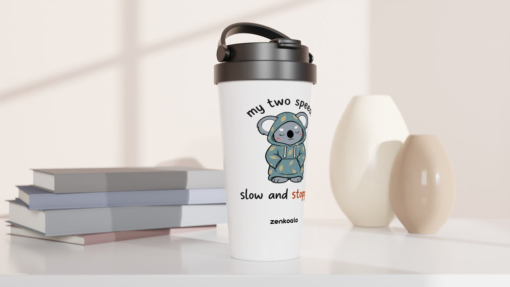 My Two Speeds Slow and Stopped travel mug beside books and vases, Zen Koala Australia