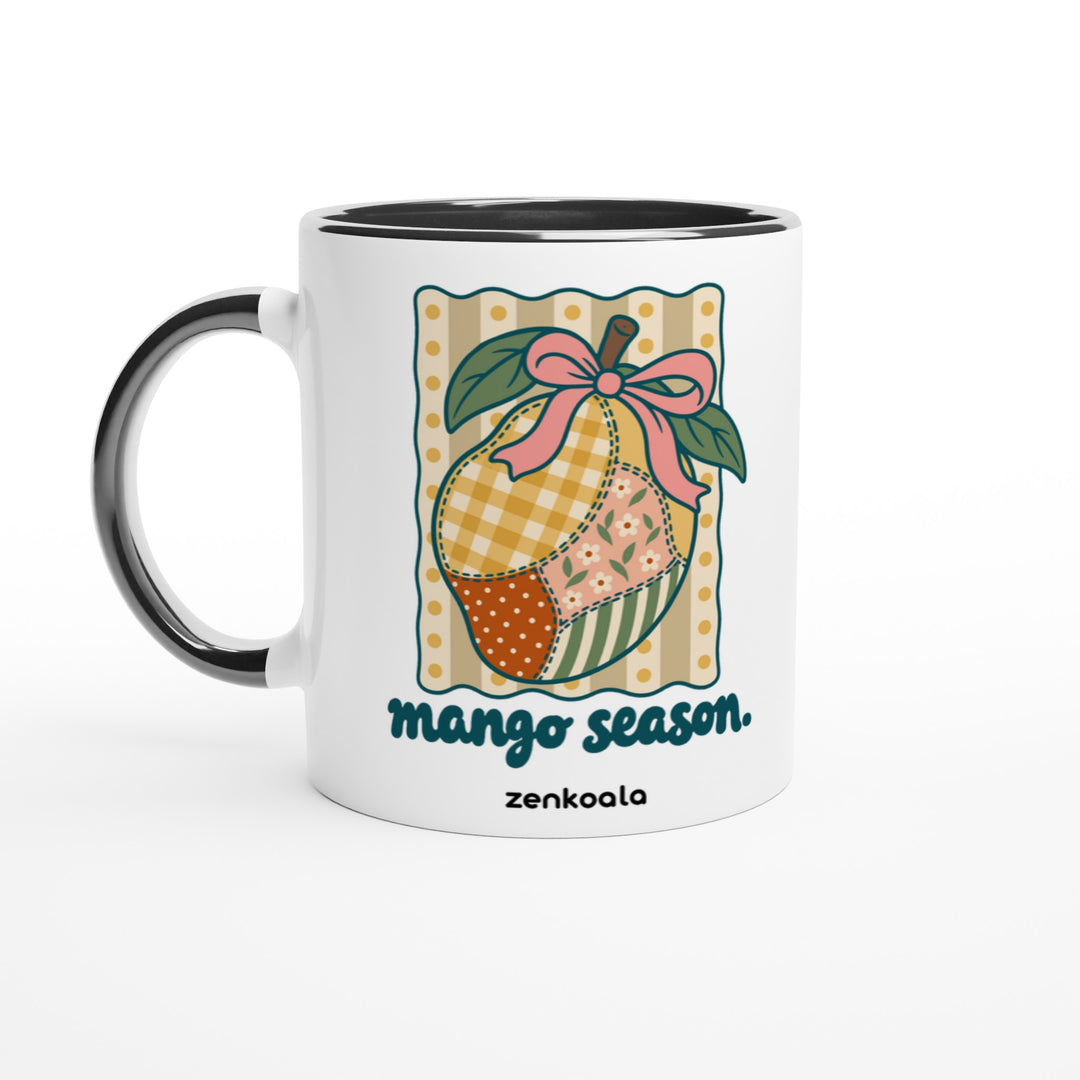 Mango Season mug in black: white with a black rim, inside and handle, Zen Koala Australia