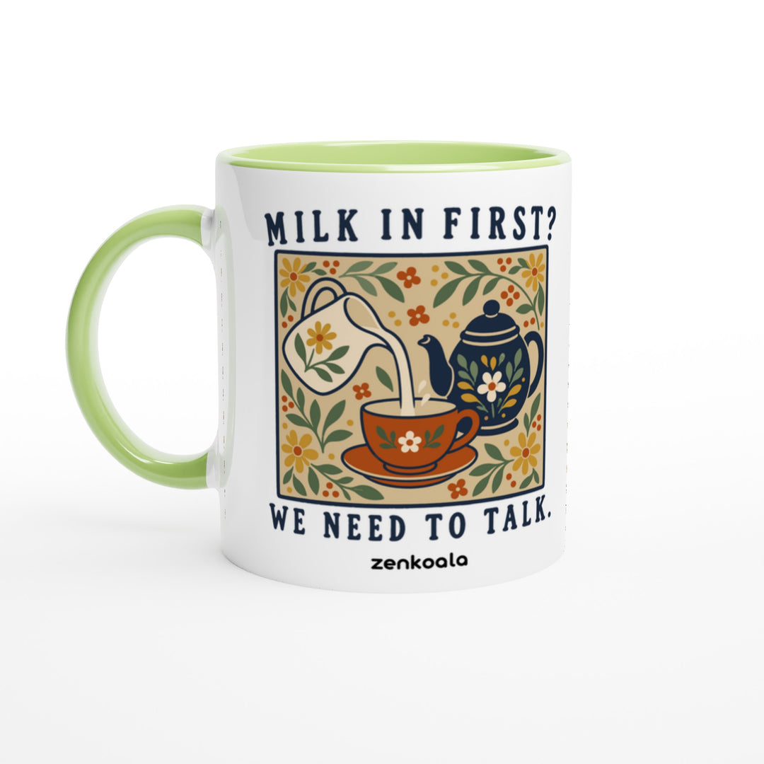 Milk in First mug in green: white with a green rim, inside and handle, Zen Koala Australia