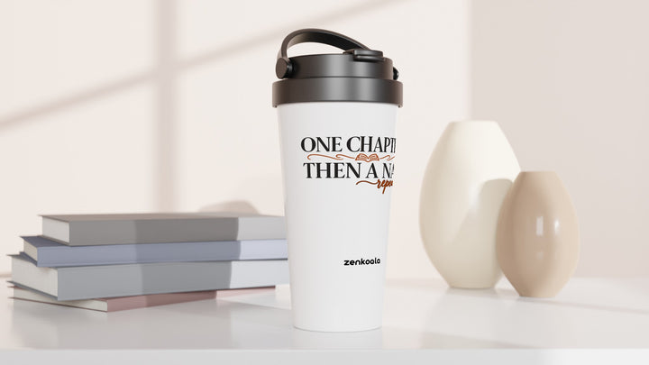 One Chapter Then a Nap travel mug beside books and vases, Zen Koala Australia