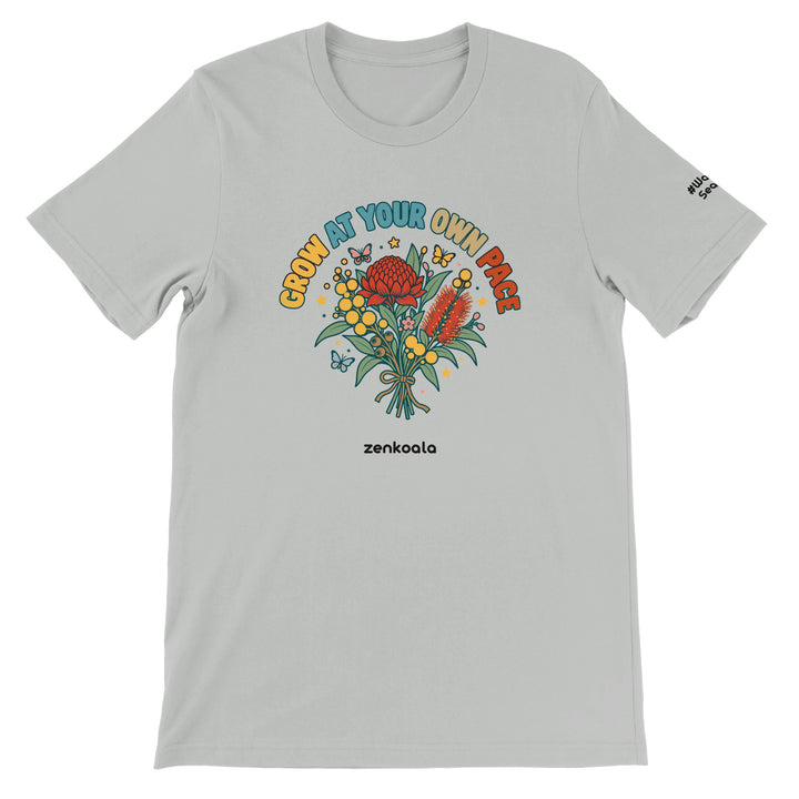 Grow at Your Own Pace feel-good tee in silver, Zen Koala Australia