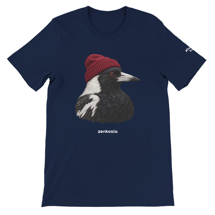 Magpie Beanie feel-good tee in navy, Zen Koala Australia