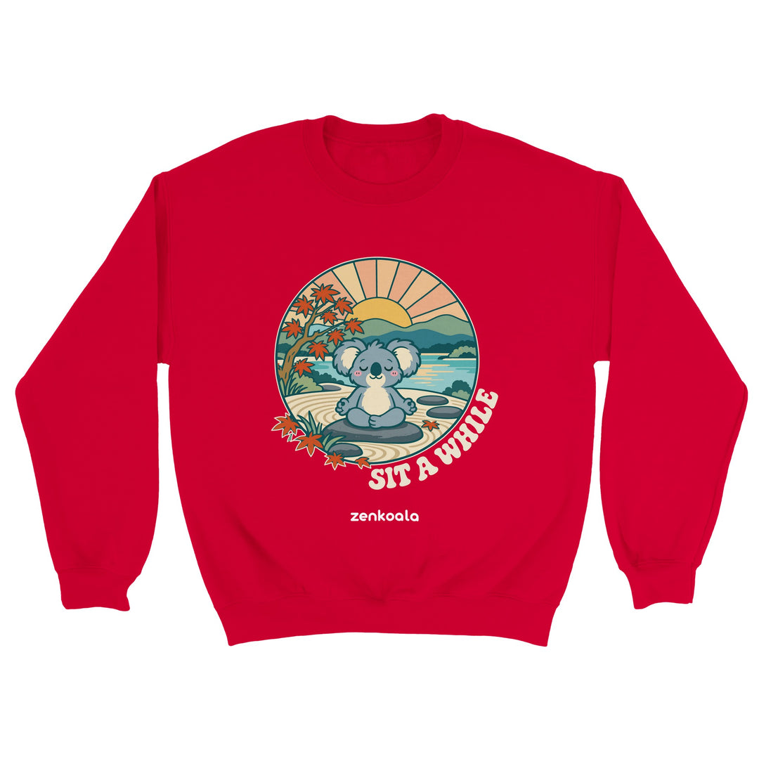Sit a While feel-good sweatshirt in red, Zen Koala Australia
