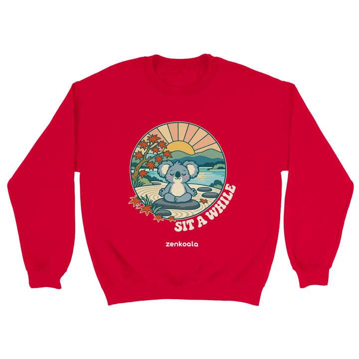Sit a While feel-good sweatshirt in red, Zen Koala Australia
