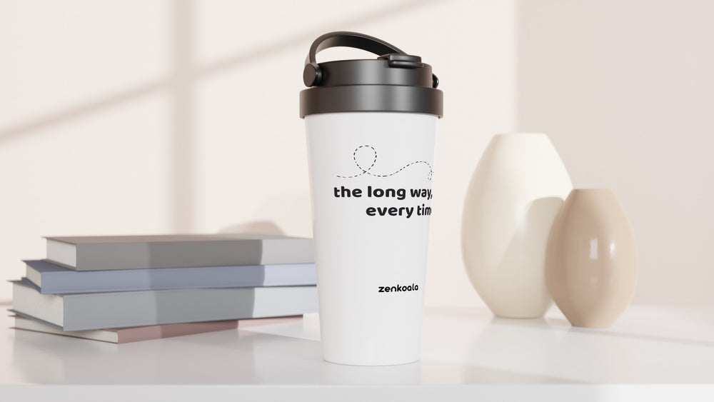 The Long Way Every Time travel mug beside books and vases, Zen Koala Australia