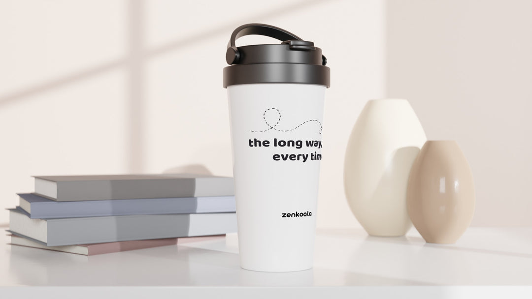 The Long Way Every Time travel mug beside books and vases, Zen Koala Australia