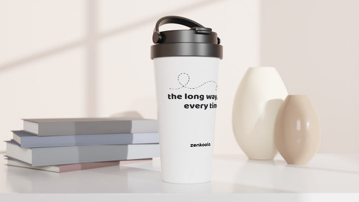 The Long Way Every Time travel mug beside books and vases, Zen Koala Australia