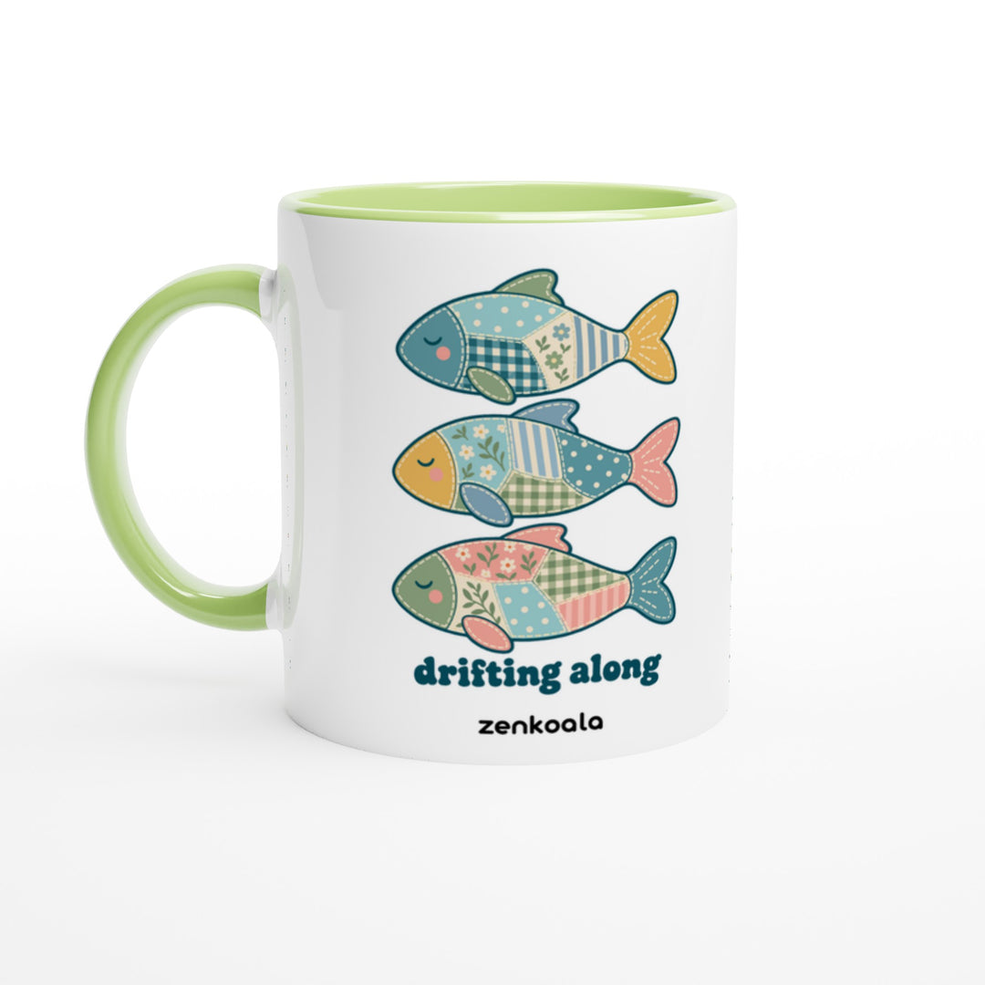 Drifting Along Fish mug in green: white with a green rim, inside and handle, Zen Koala Australia
