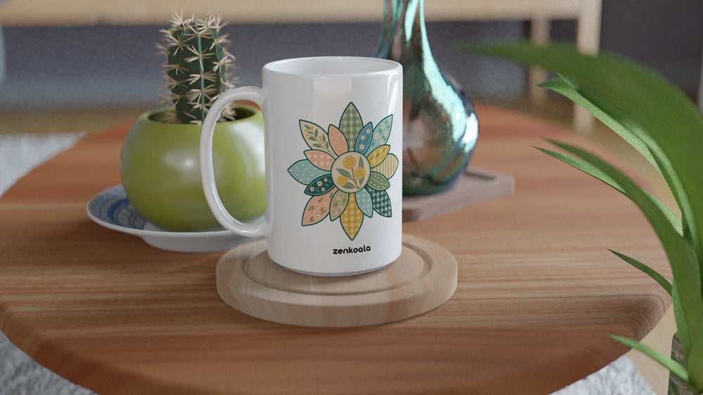 Wattle Mandala 15oz mug on a wooden table with a cactus, Zen Koala Australia