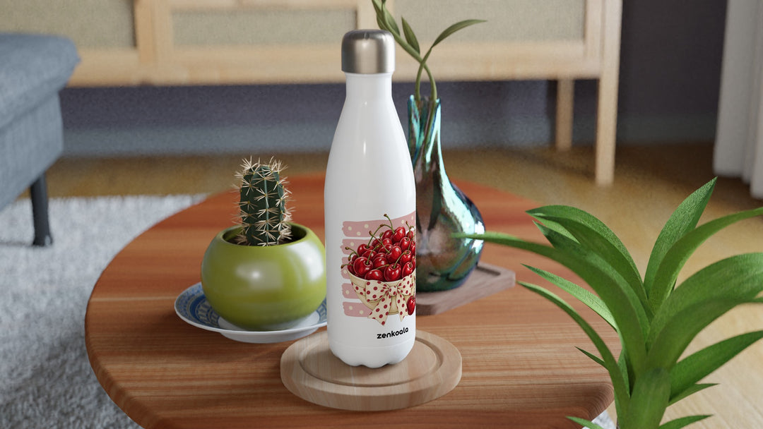 Cherries water bottle on a wooden table with a cactus, Zen Koala Australia