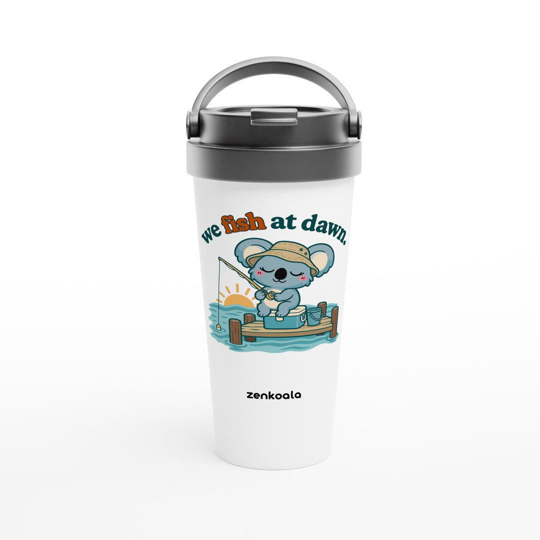 We Fish at Dawn feel-good travel mug: a koala fishing off a jetty, Zen Koala Australia