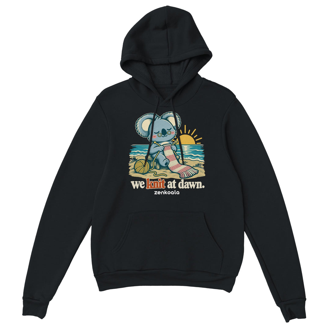 We Knit at Dawn feel-good hoodie in black, Zen Koala Australia