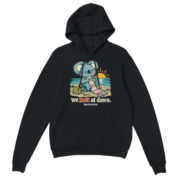 We Knit at Dawn feel-good hoodie in black, Zen Koala Australia