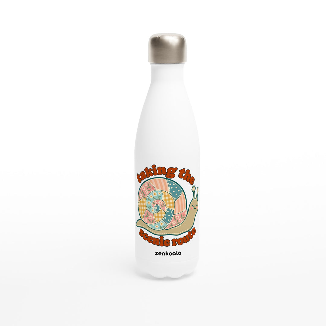 Taking the Scenic Route Snail feel-good water bottle: a faux patchwork snail, Zen Koala Australia