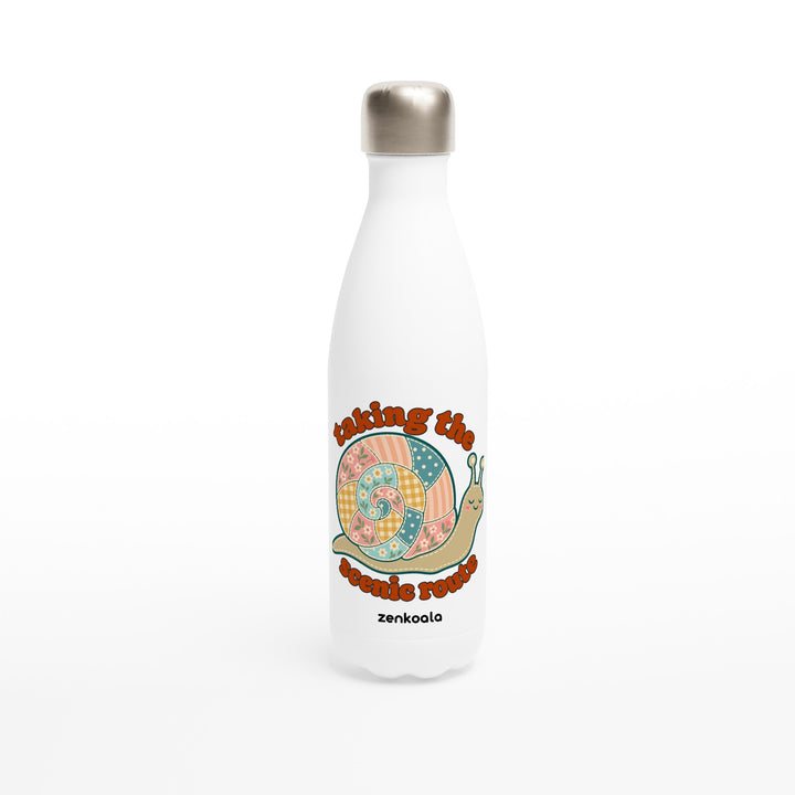 Taking the Scenic Route Snail feel-good water bottle: a faux patchwork snail, Zen Koala Australia