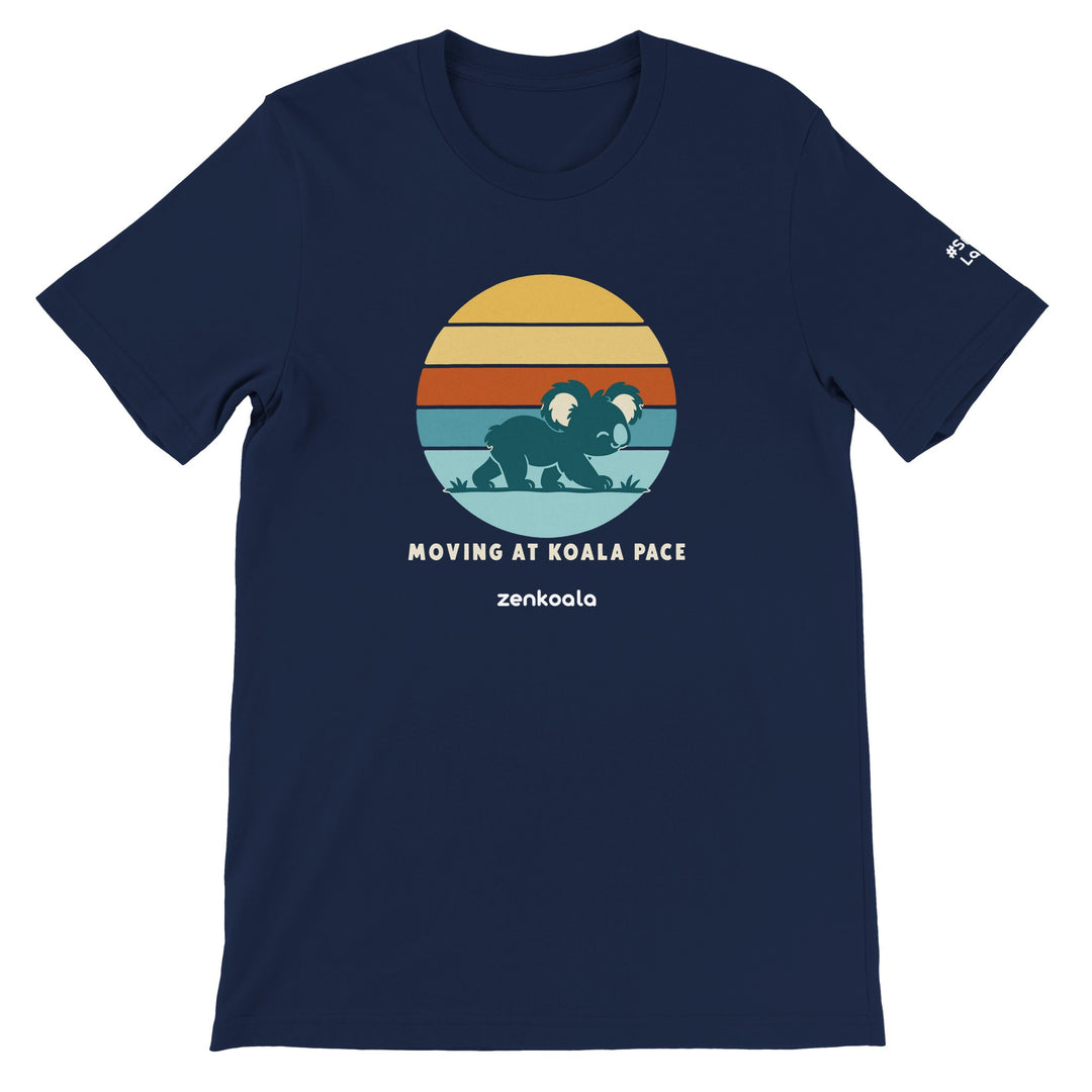 Moving at Koala Pace feel-good tee in navy, Zen Koala Australia