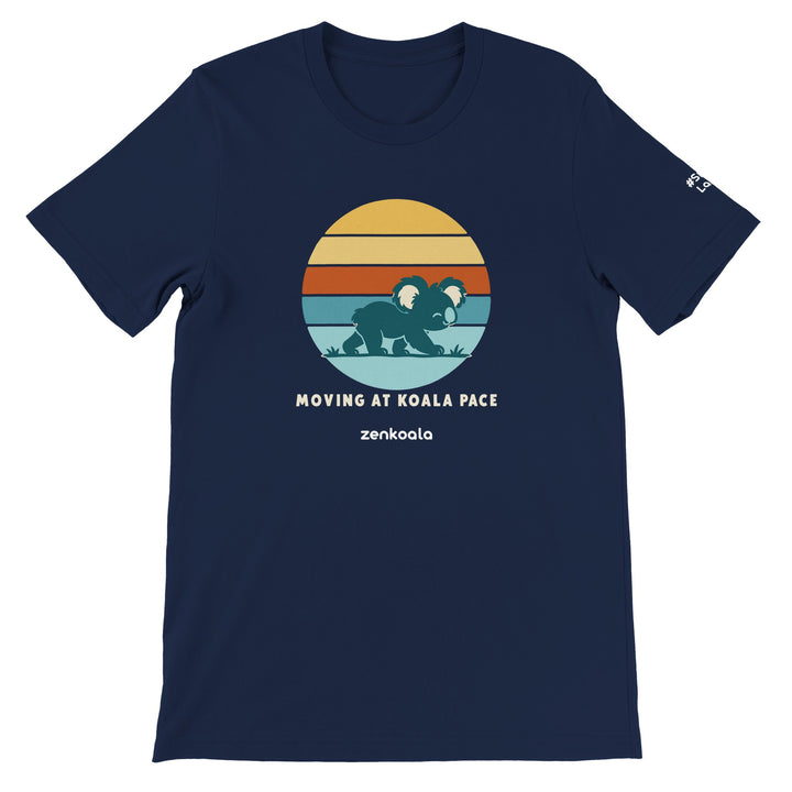 Moving at Koala Pace feel-good tee in navy, Zen Koala Australia