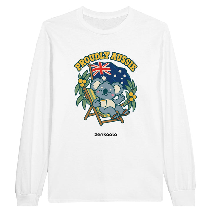 Proudly Aussie feel-good long sleeve tee in white: a koala in a beach chair under the Australian flag, Zen Koala Australia