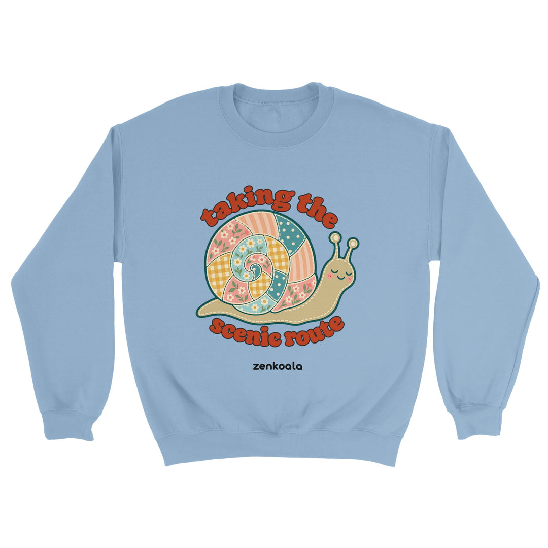 Taking the Scenic Route Snail feel-good sweatshirt in light blue, Zen Koala Australia