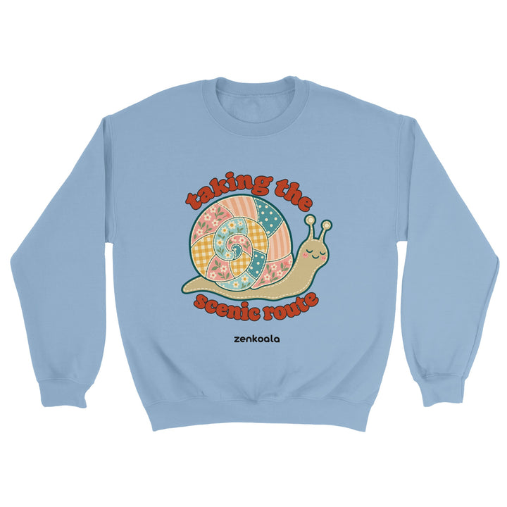 Taking the Scenic Route Snail feel-good sweatshirt in light blue, Zen Koala Australia