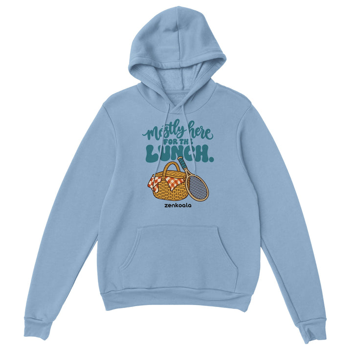 Mostly Here for the Lunch feel-good hoodie in light blue, Zen Koala Australia