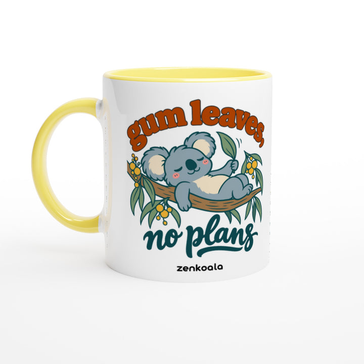 Gum Leaves No Plans mug in yellow: white with a yellow rim, inside and handle, Zen Koala Australia