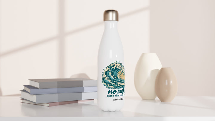No Rush Catch the Next One water bottle beside books and vases, Zen Koala Australia