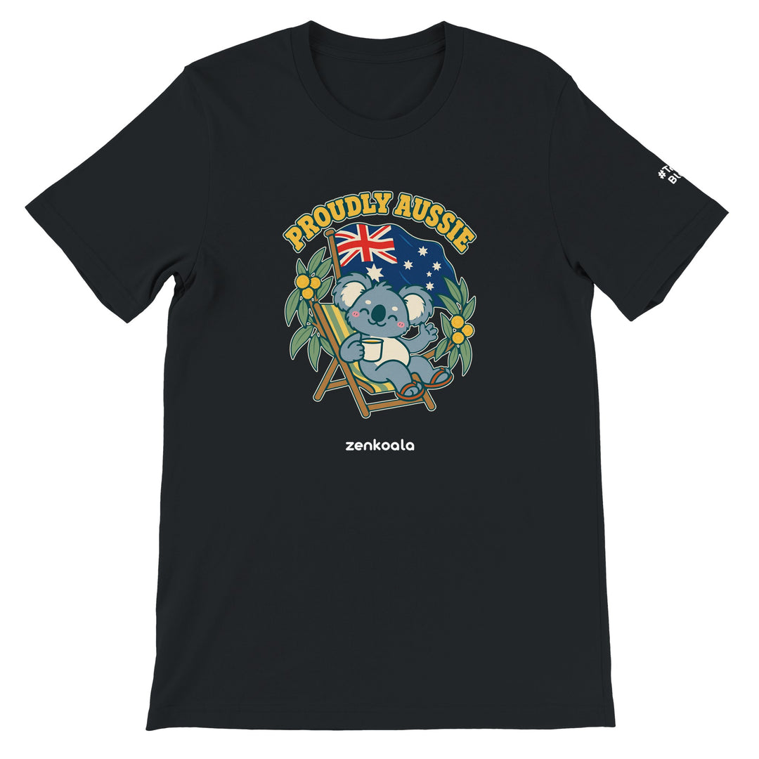 Proudly Aussie feel-good tee in black, Zen Koala Australia