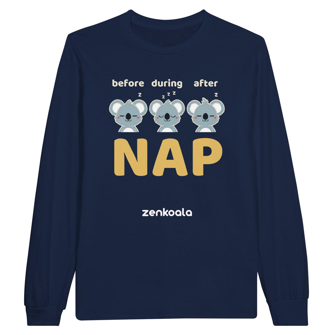 Before Nap Nap After Nap Koala long sleeve tee in navy — Zen Koala Australia