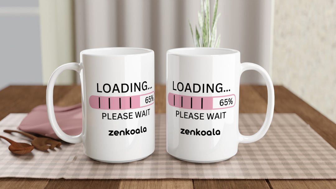 Two Loading 15oz mugs on a table, showing both sides of the design, Zen Koala Australia