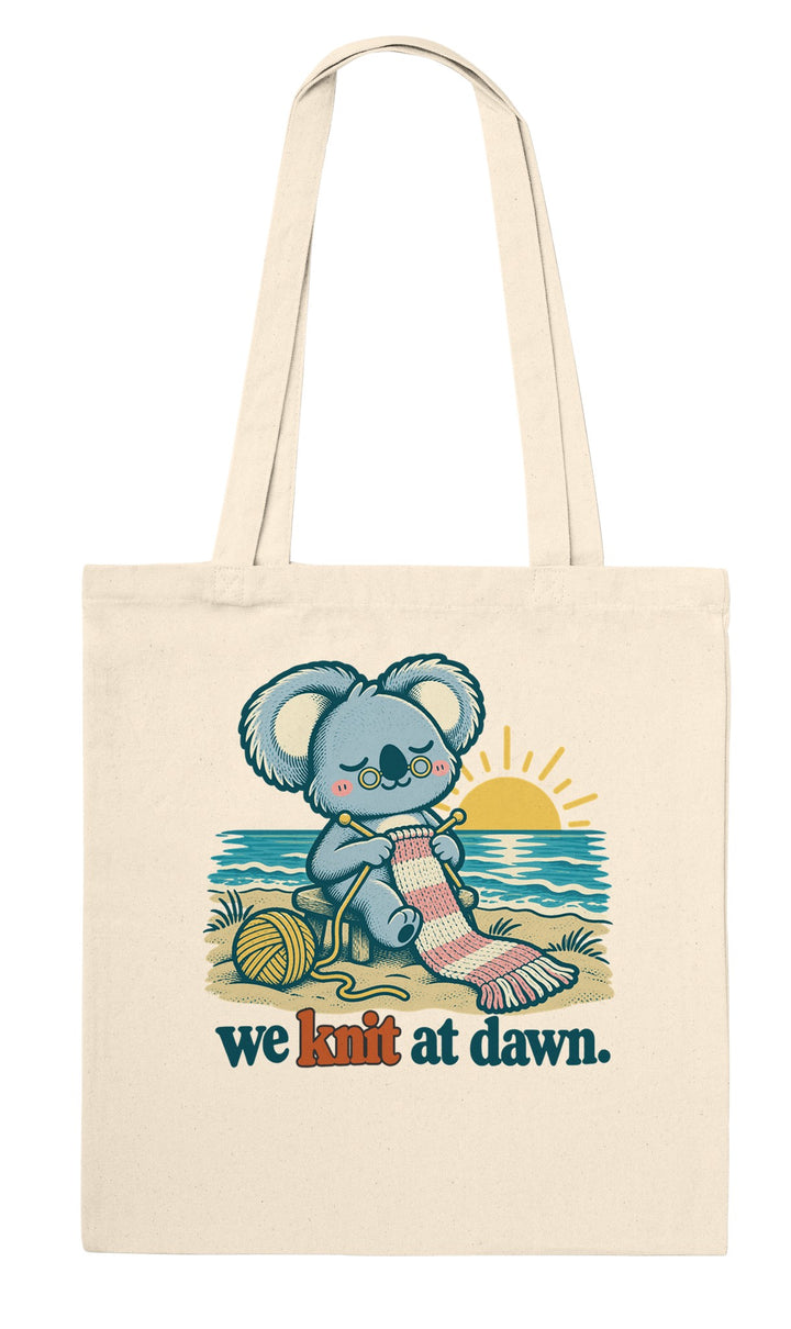 We Knit at Dawn feel-good tote bag in natural, Zen Koala Australia