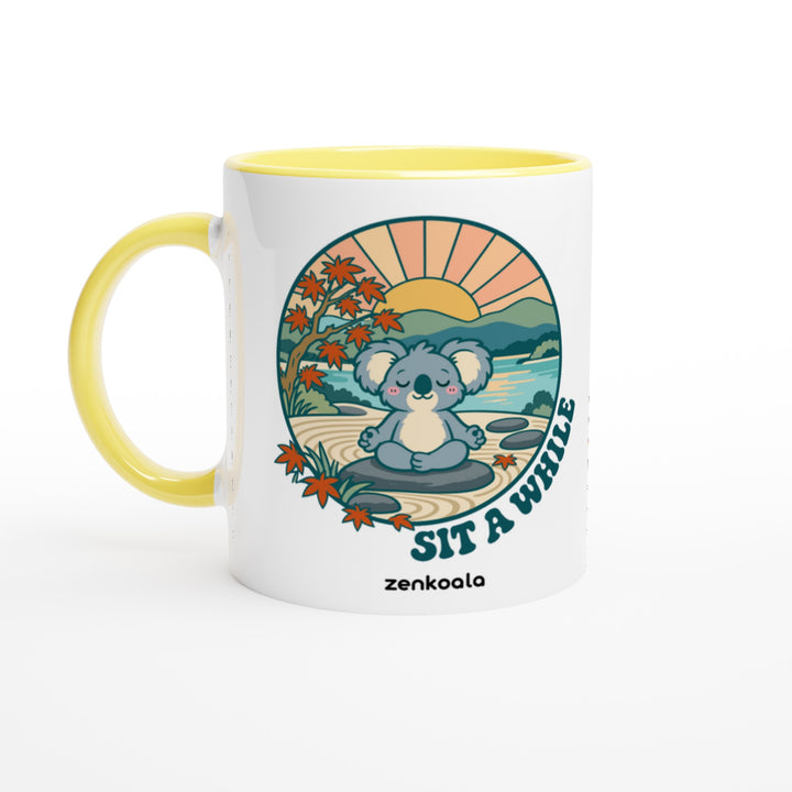 Sit a While mug in yellow: white with a yellow rim, inside and handle, Zen Koala Australia