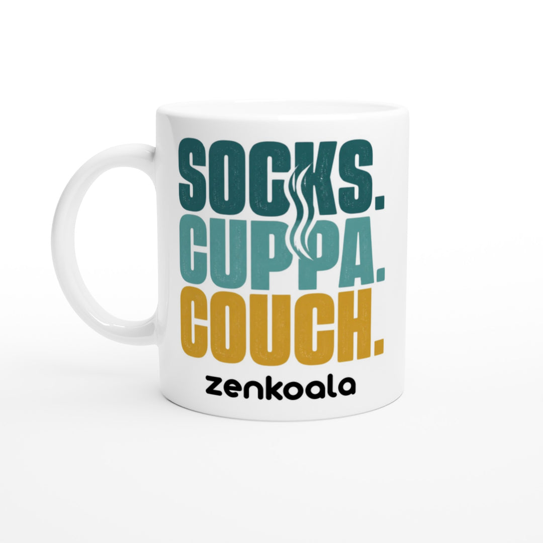 Socks Cuppa Couch feel-good mug — bold retro type with a steaming cuppa, Zen Koala Australia