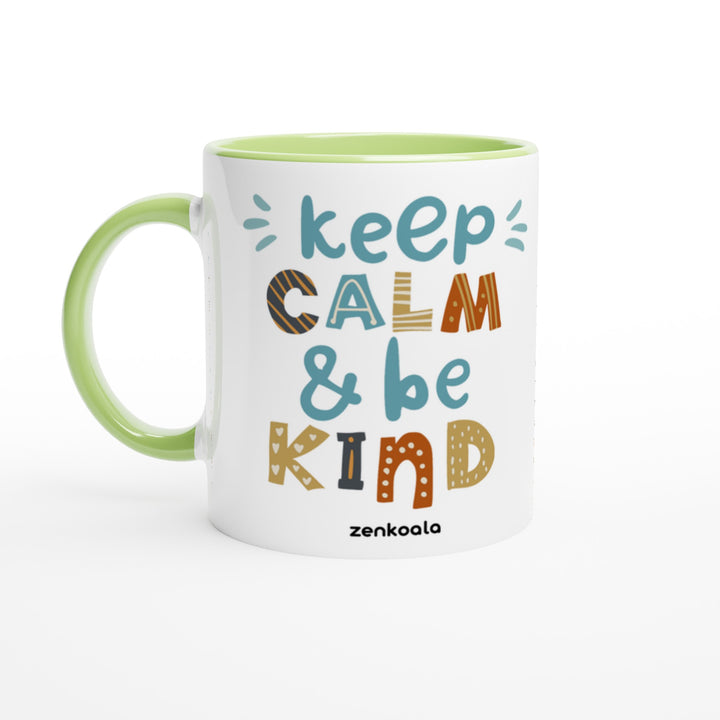 Keep Calm, Be Kind mug in green: white with a green rim, inside and handle, Zen Koala Australia