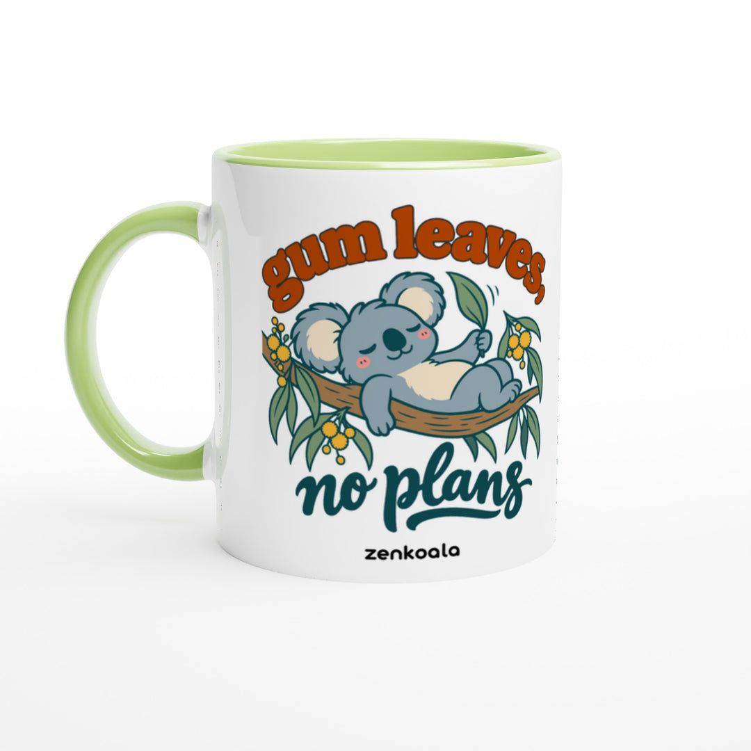 Gum Leaves No Plans feel-good mug: a koala lazing on a gum branch among wattle, Zen Koala Australia
