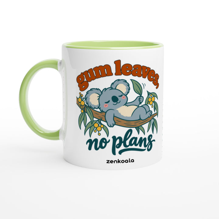 Gum Leaves No Plans feel-good mug: a koala lazing on a gum branch among wattle, Zen Koala Australia