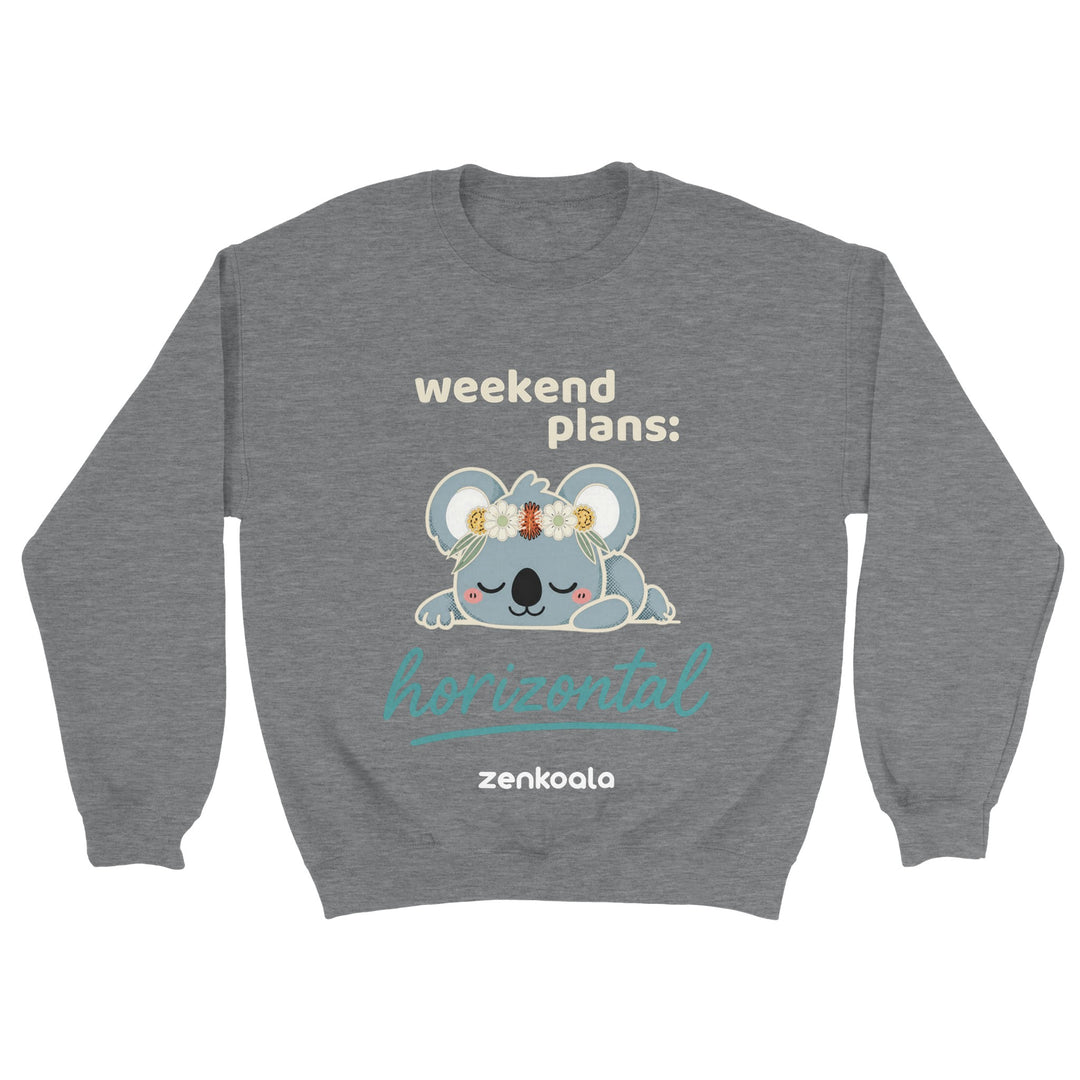 Weekend Plans Horizontal Koala feel-good sweatshirt in sport grey — a sleepy koala in an Aussie wildflower crown, Zen Koala Australia