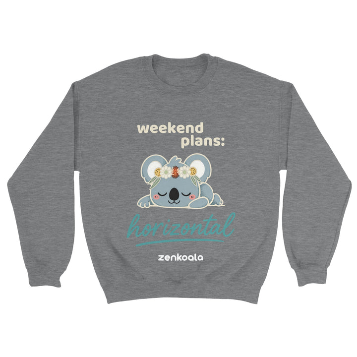 Weekend Plans Horizontal Koala feel-good sweatshirt in sport grey — a sleepy koala in an Aussie wildflower crown, Zen Koala Australia