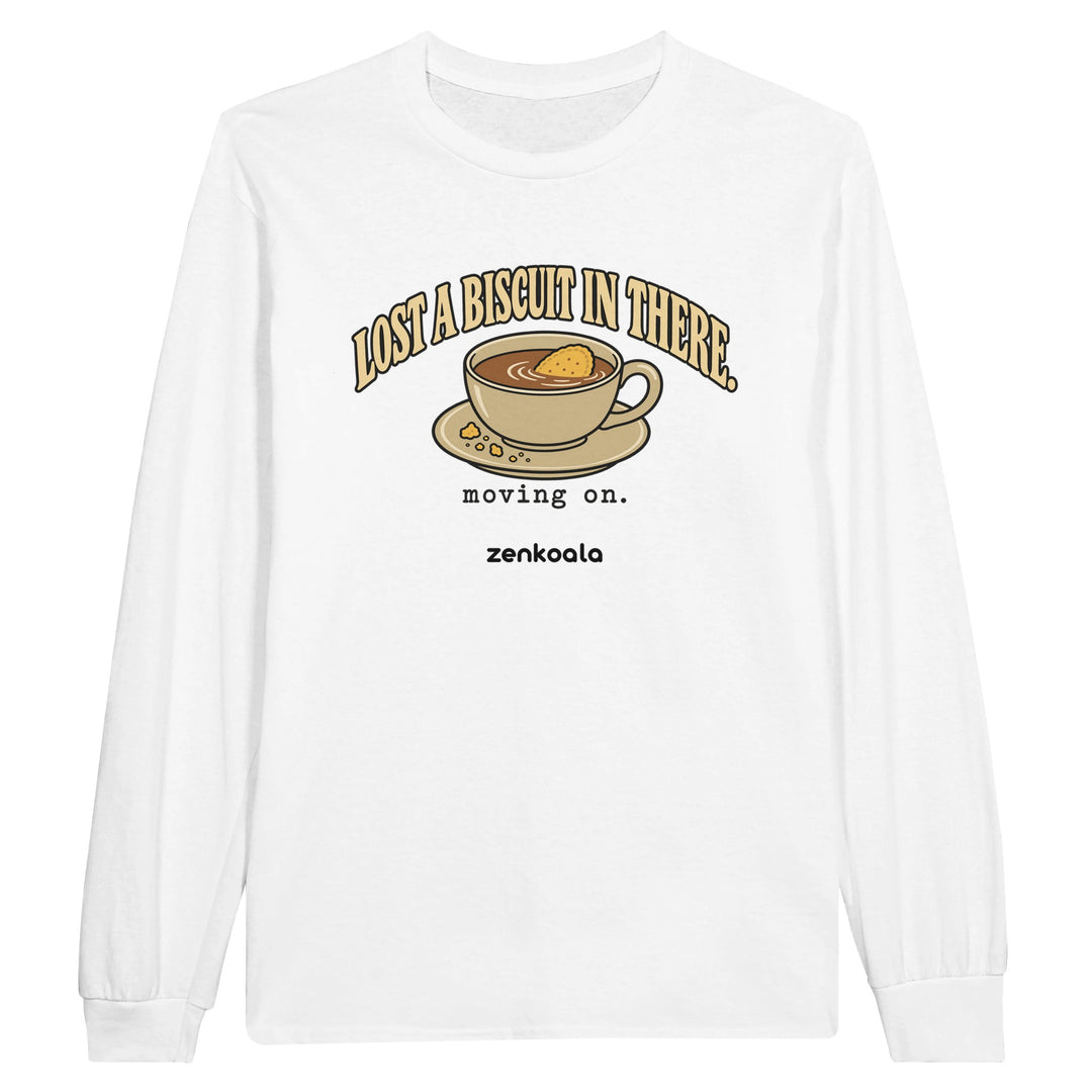 Lost a Biscuit in There feel-good long sleeve tee in white: a biscuit sinking in a cuppa, Zen Koala Australia