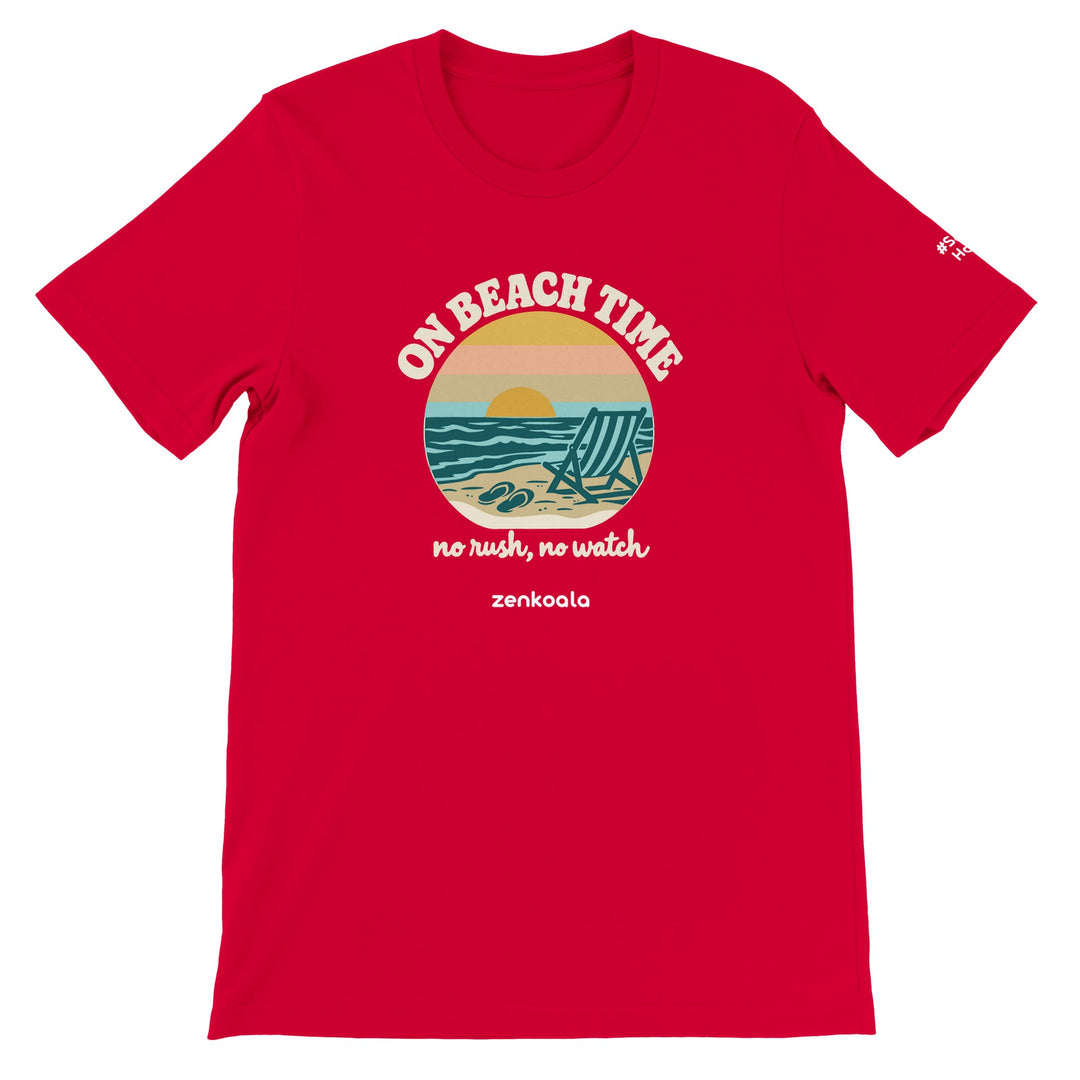On Beach Time feel-good tee in red, Zen Koala Australia