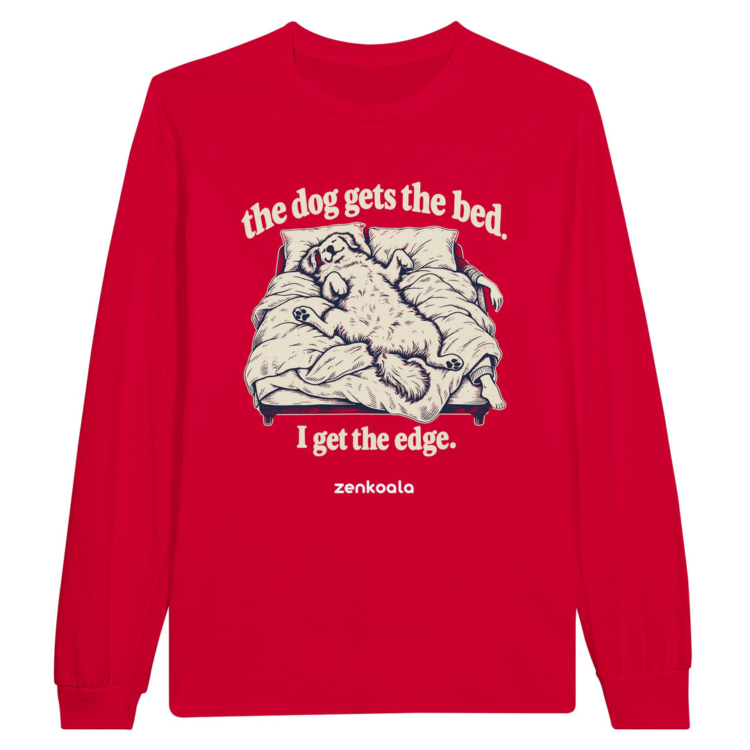 The Dog Gets the Bed feel-good long sleeve tee in red, Zen Koala Australia