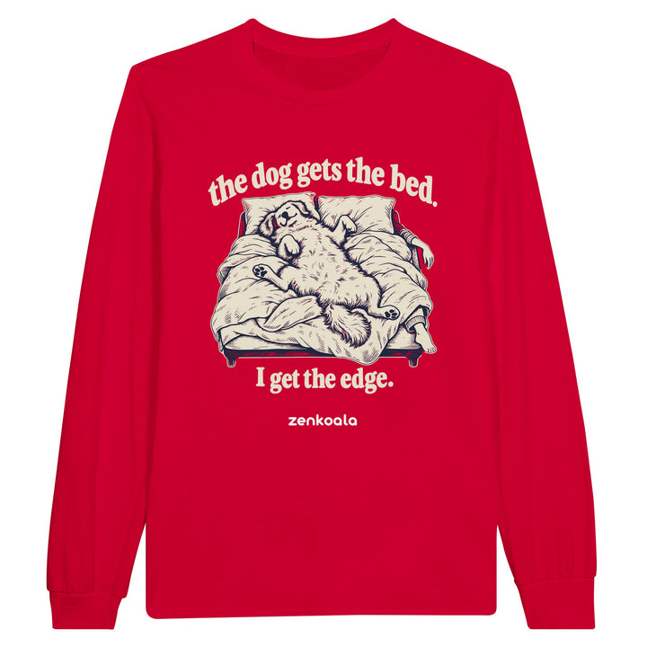 The Dog Gets the Bed feel-good long sleeve tee in red, Zen Koala Australia