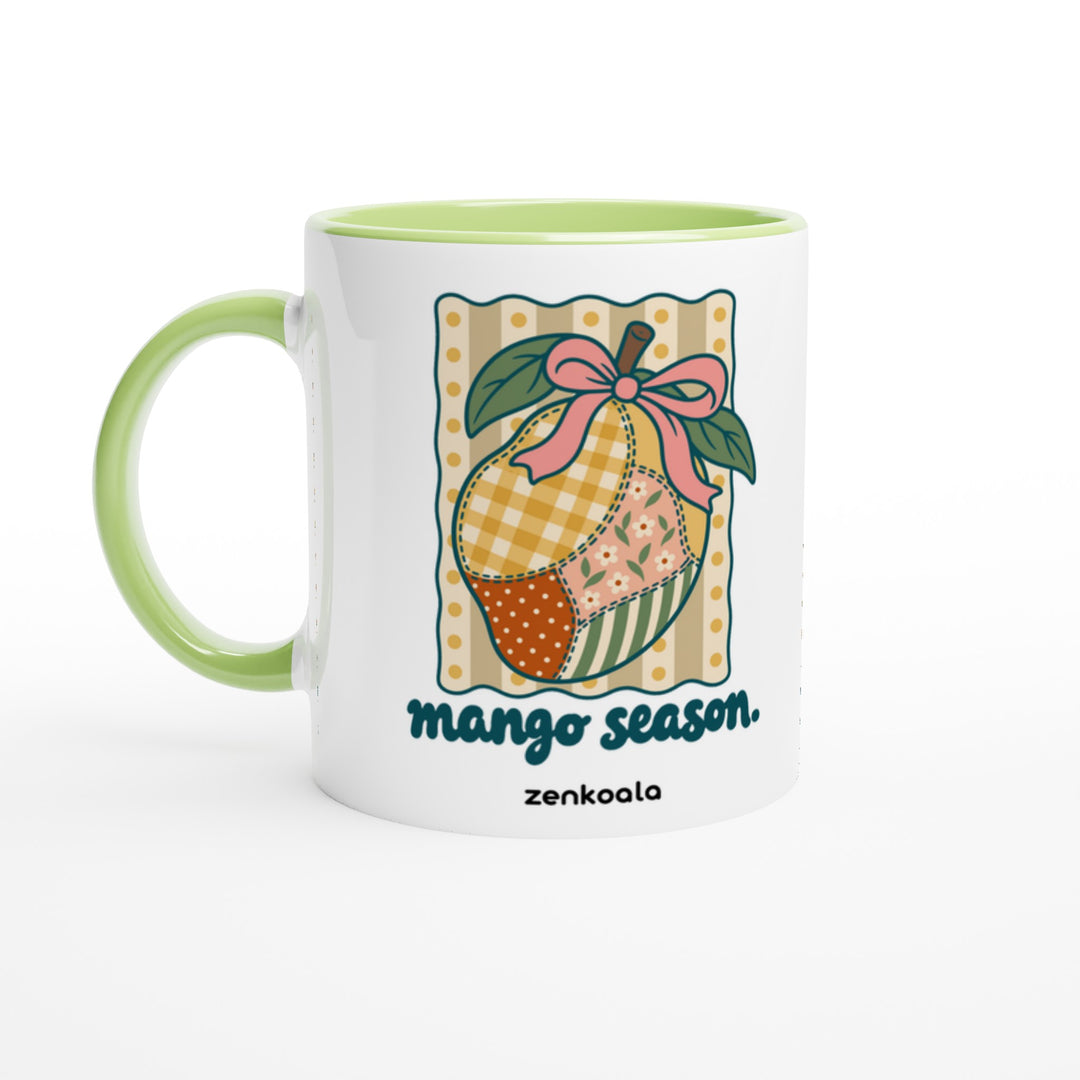 Mango Season mug in green: white with a green rim, inside and handle, Zen Koala Australia