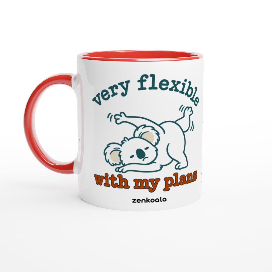 Very Flexible With My Plans mug in red: white with a red rim, inside and handle, Zen Koala Australia
