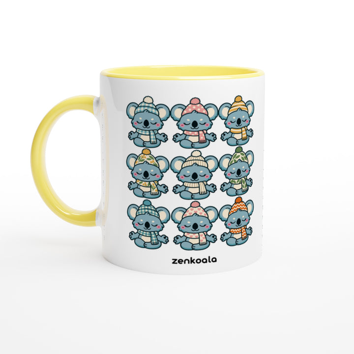 Koala Beanie Club mug in yellow: white with a yellow rim, inside and handle, Zen Koala Australia