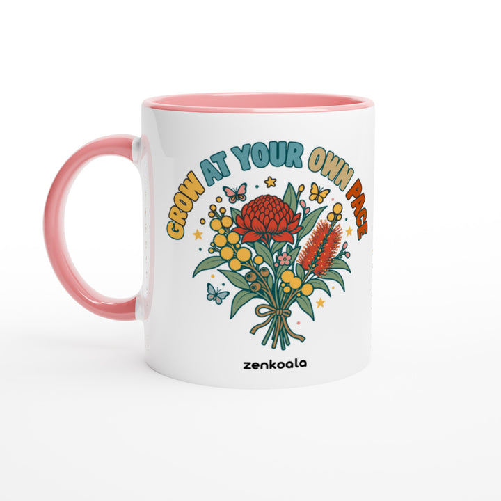 Grow at Your Own Pace mug in pink: white with a pink rim, inside and handle, Zen Koala Australia